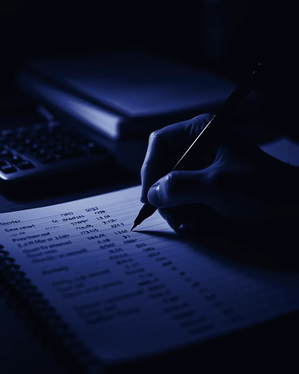 A hand writing figures in a notebook beside a calculator at an early hour