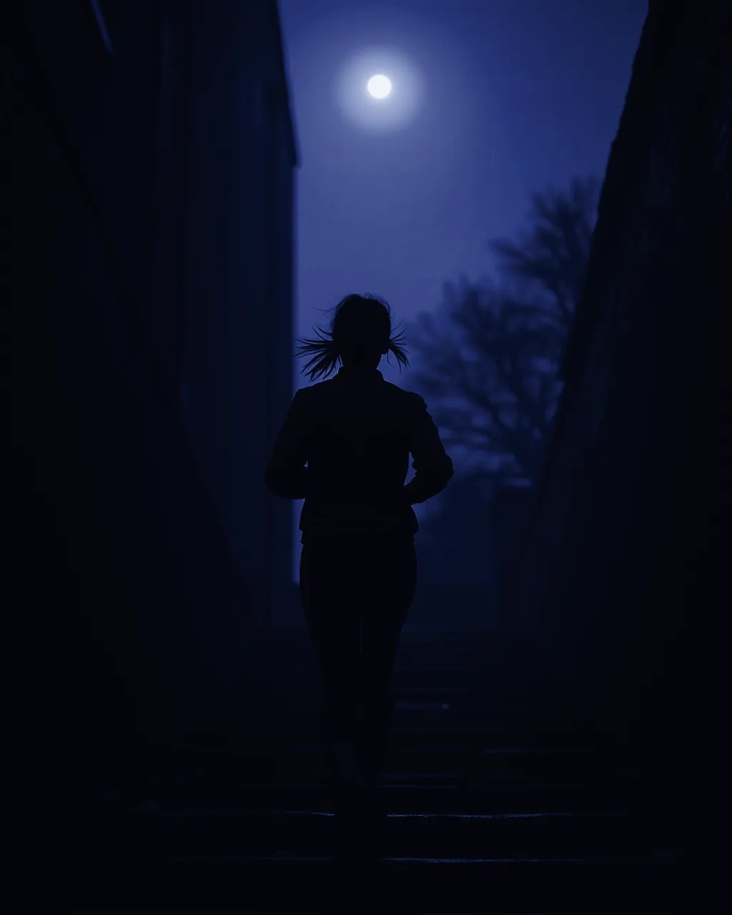 A woman running up concrete stairs before dawn, lit by one cold blue light